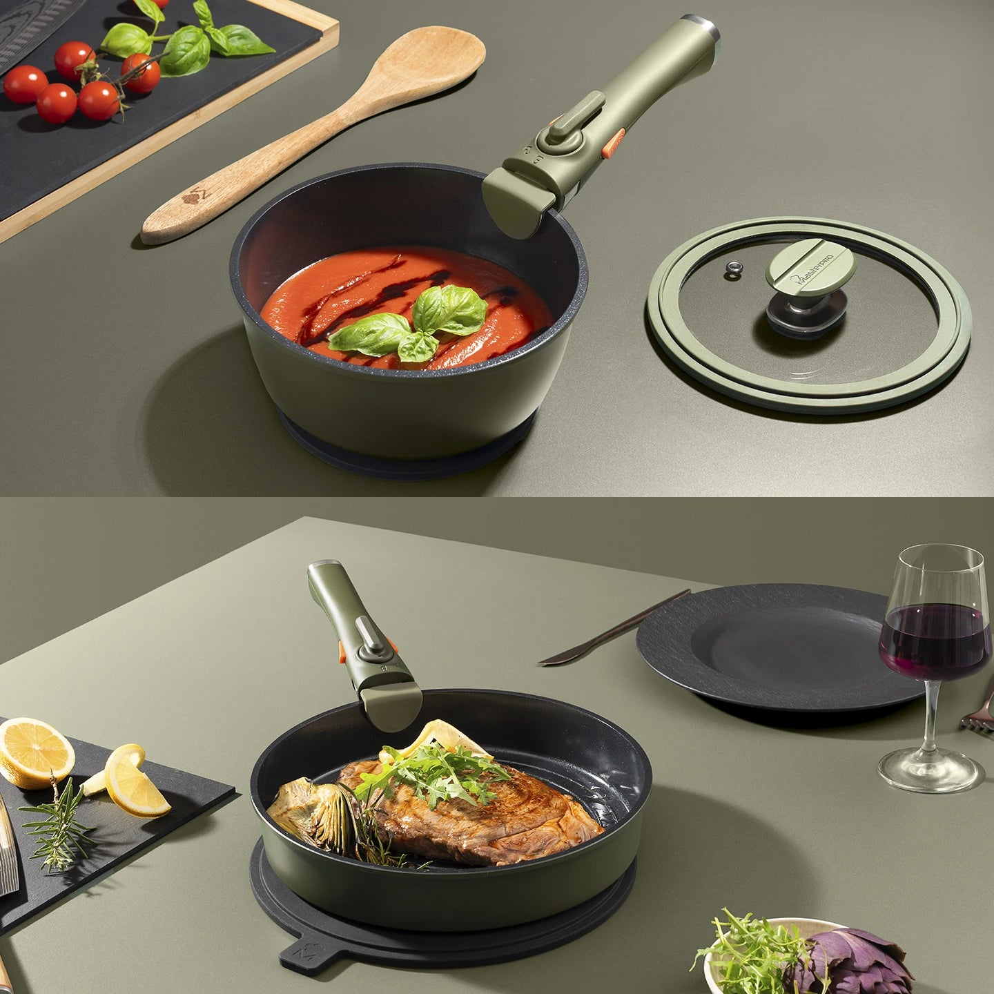 Batería de cocina 10 piezas MasterPRO apilable de aluminio fundido - Share & Play - Green